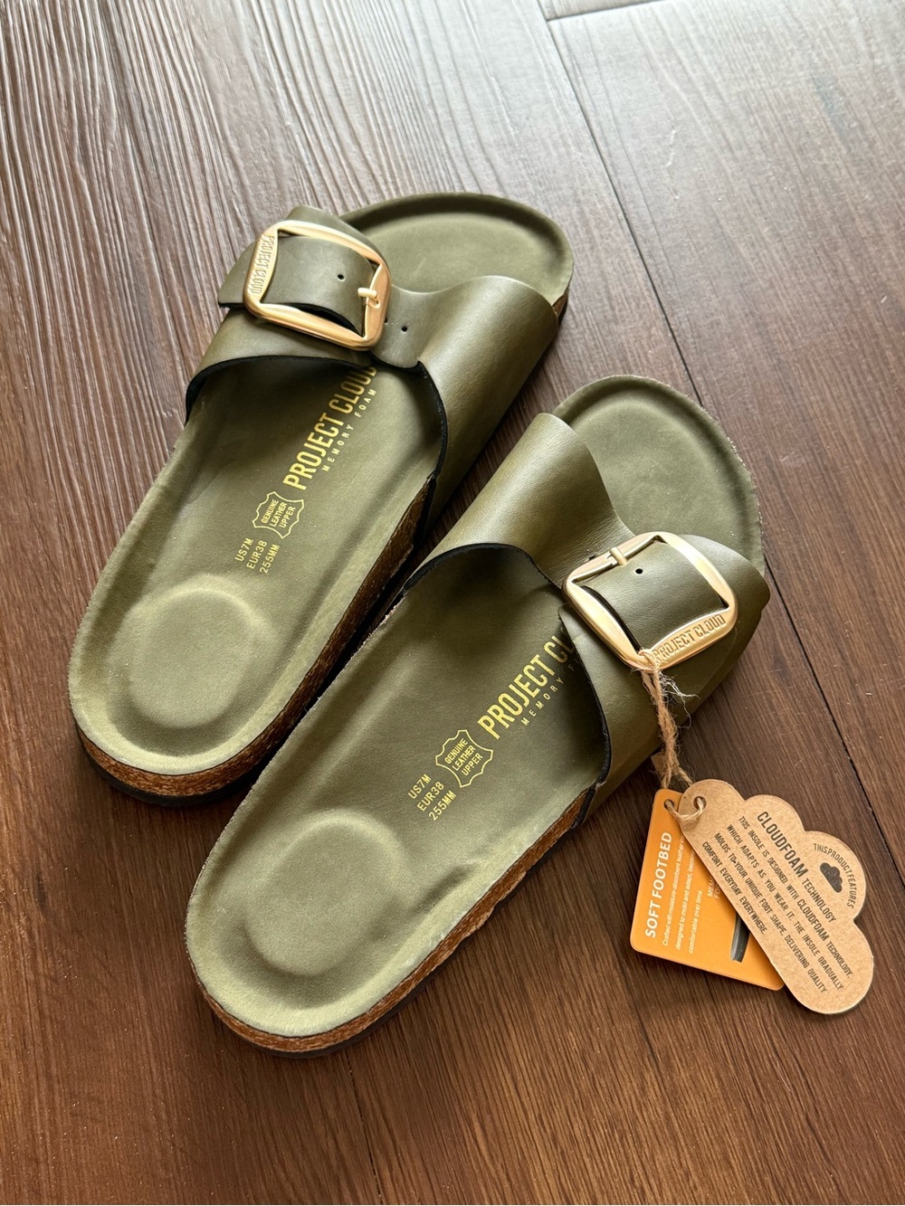 Project Cloud Olive Green Slide Sandals with Gold Buckles